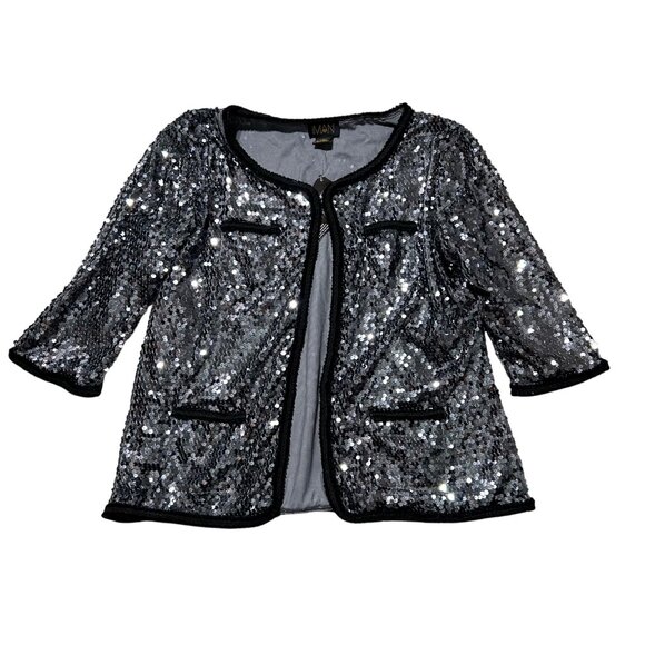 Iman Womens 1X Black & Silver Sequin Open Front Jacket 3/4 Sleeves Party Wear - Picture 9 of 9